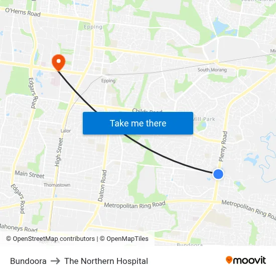 Bundoora to The Northern Hospital map