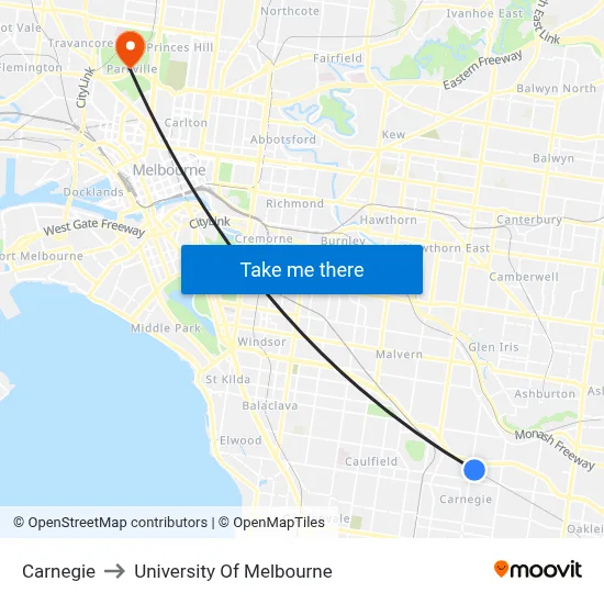 Carnegie to University Of Melbourne map