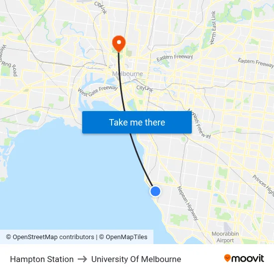 Hampton Station to University Of Melbourne map