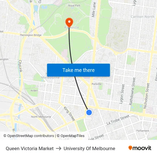Queen Victoria Market to University Of Melbourne map
