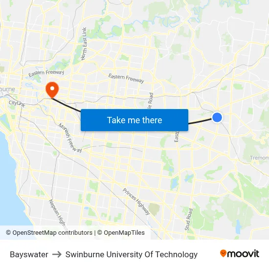 Bayswater to Swinburne University Of Technology map