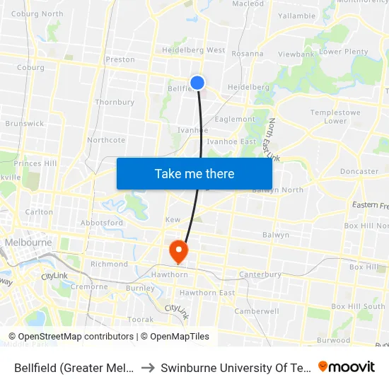 Bellfield (Greater Melbourne) to Swinburne University Of Technology map
