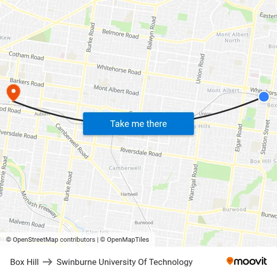 Box Hill to Swinburne University Of Technology map