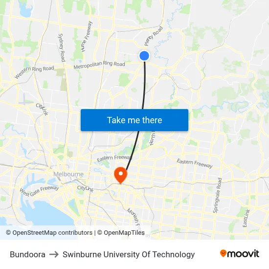 Bundoora to Swinburne University Of Technology map