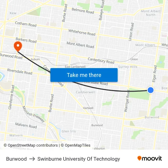 Burwood to Swinburne University Of Technology map