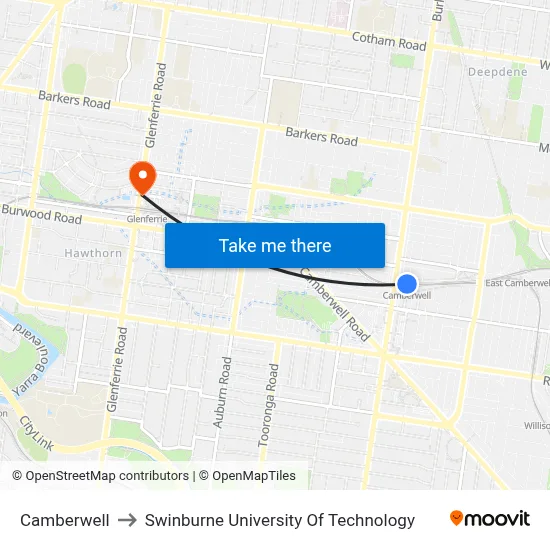 Camberwell to Swinburne University Of Technology map