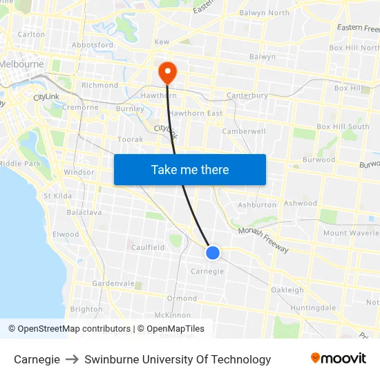 Carnegie to Swinburne University Of Technology map