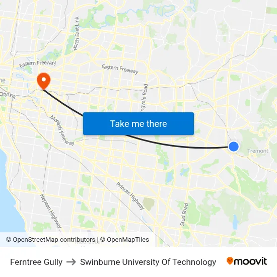 Ferntree Gully to Swinburne University Of Technology map