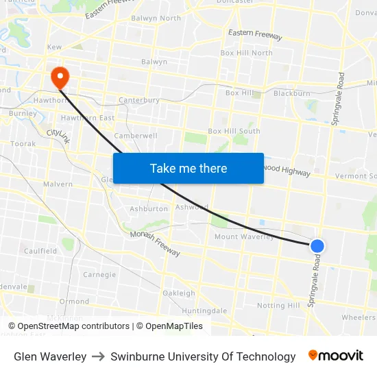 Glen Waverley to Swinburne University Of Technology map