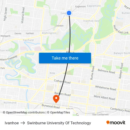 Ivanhoe to Swinburne University Of Technology map