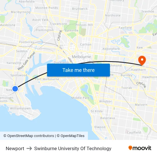 Newport to Swinburne University Of Technology map