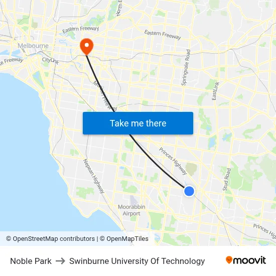 Noble Park to Swinburne University Of Technology map