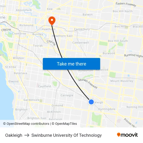 Oakleigh to Swinburne University Of Technology map