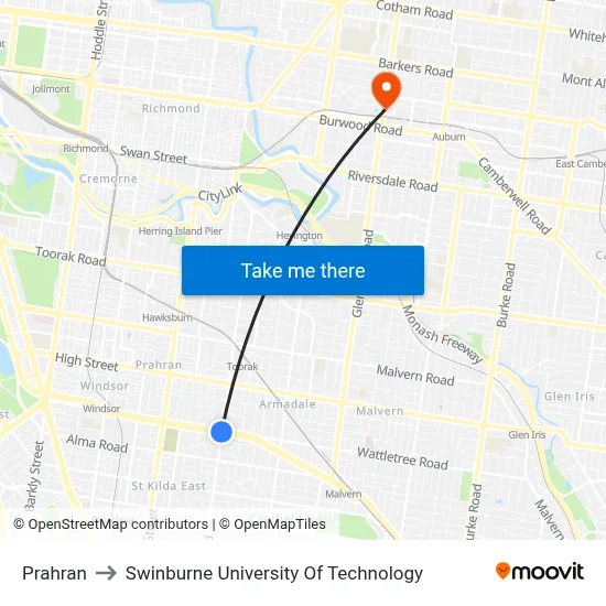 Prahran to Swinburne University Of Technology map