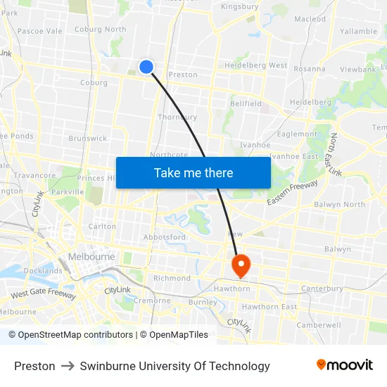 Preston to Swinburne University Of Technology map