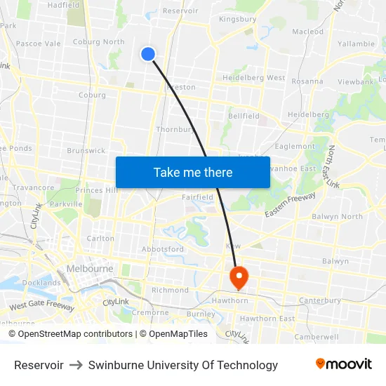 Reservoir to Swinburne University Of Technology map