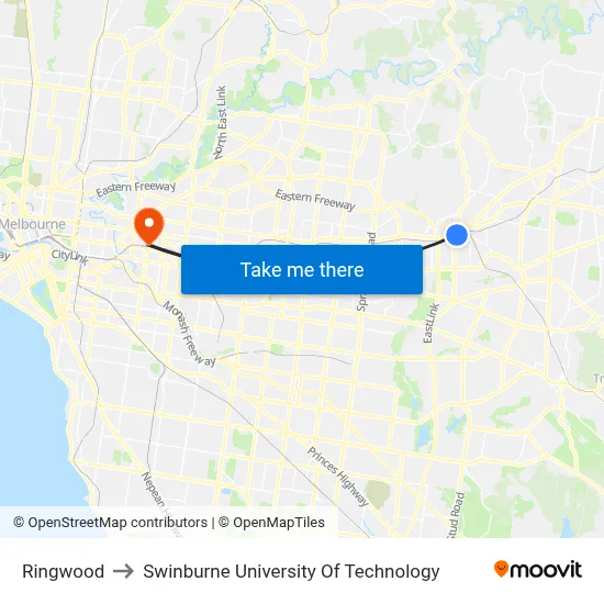 Ringwood to Swinburne University Of Technology map