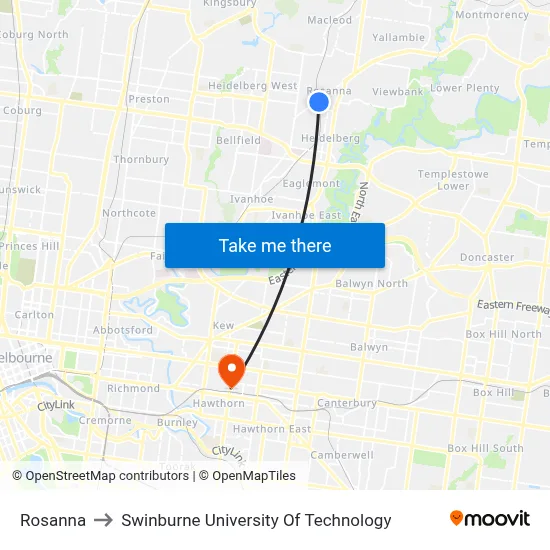Rosanna to Swinburne University Of Technology map