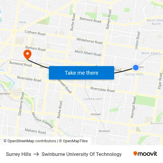Surrey Hills to Swinburne University Of Technology map
