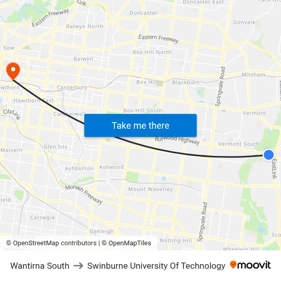Wantirna South to Swinburne University Of Technology map