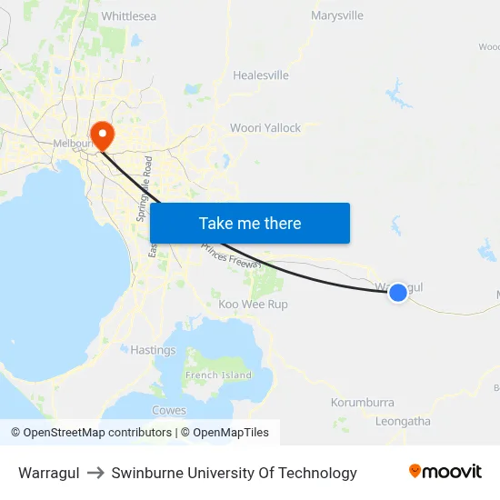 Warragul to Swinburne University Of Technology map