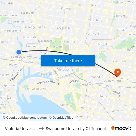 Victoria University to Swinburne University Of Technology map