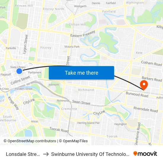 Lonsdale Street to Swinburne University Of Technology map