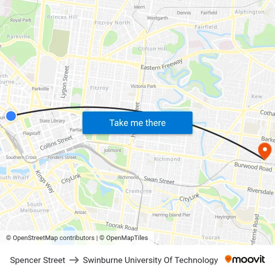Spencer Street to Swinburne University Of Technology map