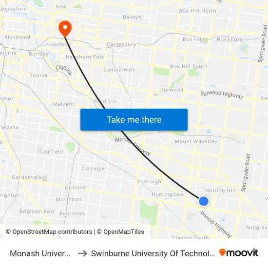 Monash University to Swinburne University Of Technology map