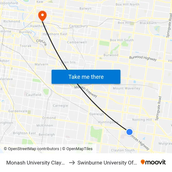 Monash University Clayton Campus to Swinburne University Of Technology map