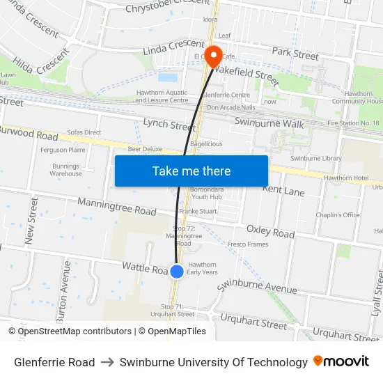 Glenferrie Road to Swinburne University Of Technology map
