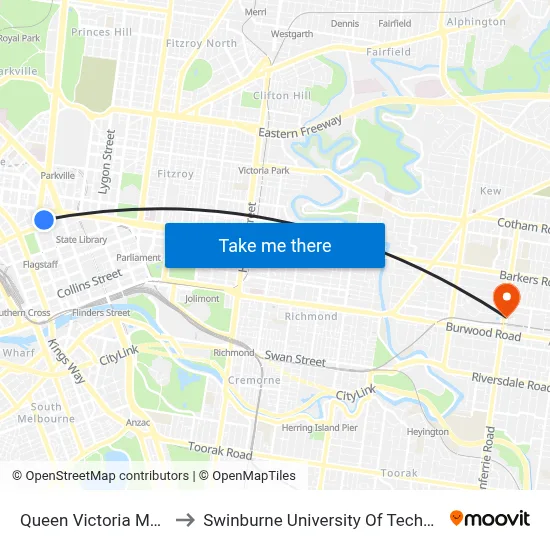 Queen Victoria Market to Swinburne University Of Technology map