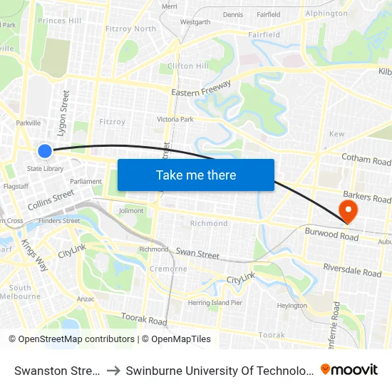 Swanston Street to Swinburne University Of Technology map