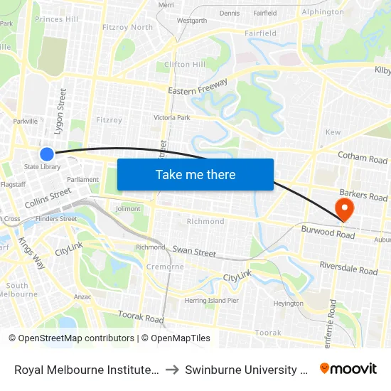 Royal Melbourne Institute Of Technology to Swinburne University Of Technology map