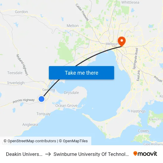 Deakin University to Swinburne University Of Technology map
