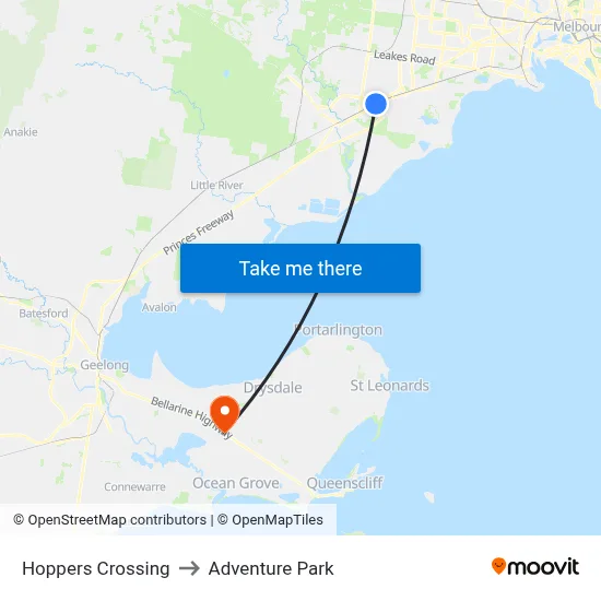 Hoppers Crossing to Adventure Park map