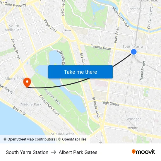 South Yarra Station to Albert Park Gates map