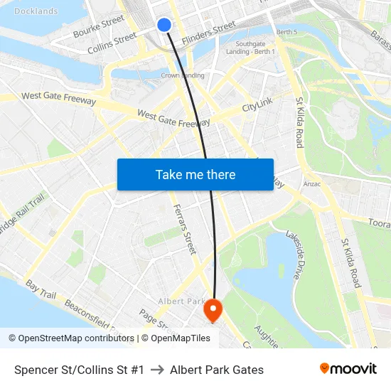 Spencer St/Collins St #1 to Albert Park Gates map