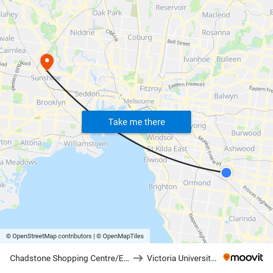 Chadstone Shopping Centre/Eastern Access Rd (Malvern East) to Victoria University (Sunshine Campus) map