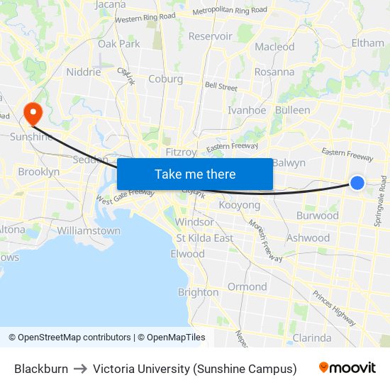 Blackburn to Victoria University (Sunshine Campus) map