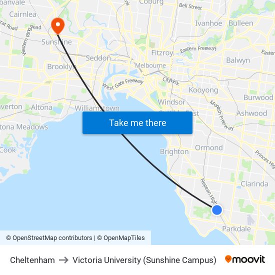 Cheltenham to Victoria University (Sunshine Campus) map