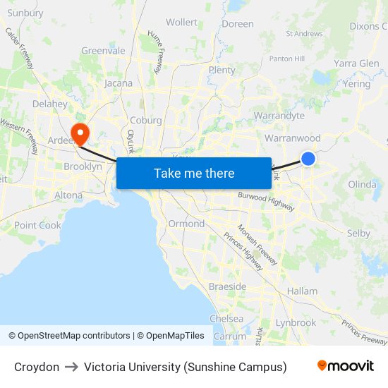 Croydon to Victoria University (Sunshine Campus) map