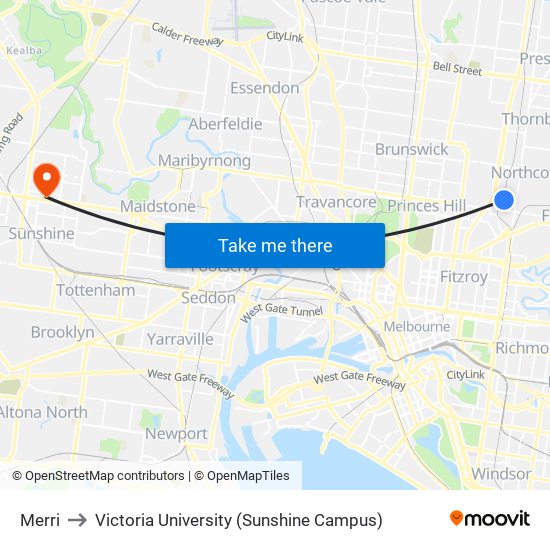 Merri to Victoria University (Sunshine Campus) map