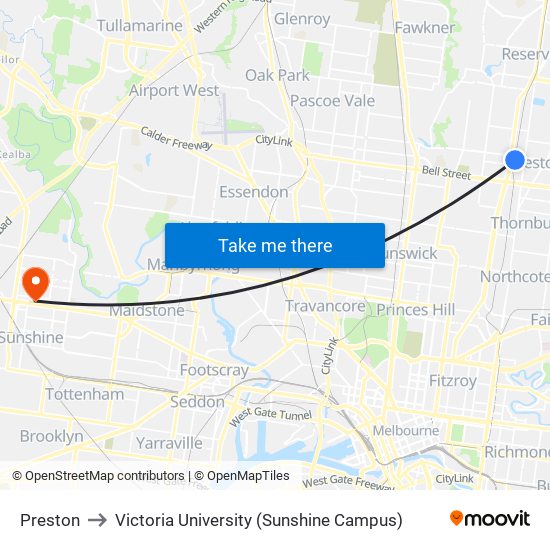 Preston to Victoria University (Sunshine Campus) map