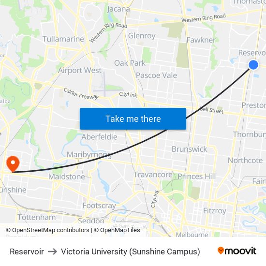 Reservoir to Victoria University (Sunshine Campus) map