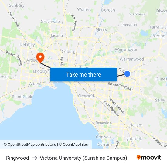 Ringwood to Victoria University (Sunshine Campus) map