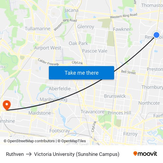 Ruthven to Victoria University (Sunshine Campus) map