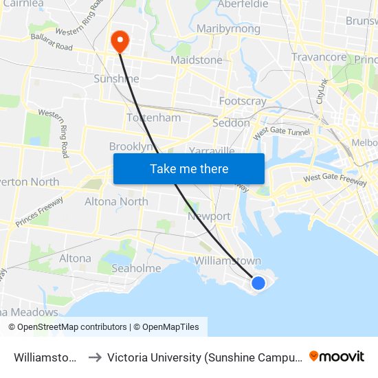 Williamstown to Victoria University (Sunshine Campus) map