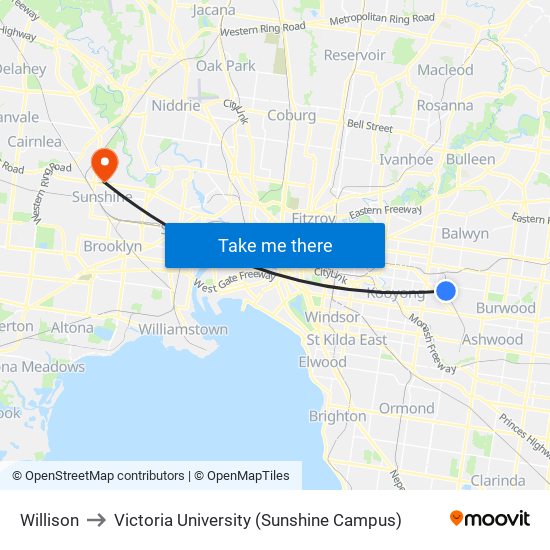 Willison to Victoria University (Sunshine Campus) map