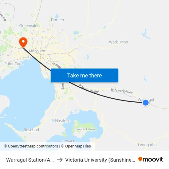 Warragul Station/Alfred St to Victoria University (Sunshine Campus) map